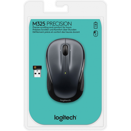 Мышь беспроводная Logitech M325 Dark Silver (темно-серая, оптическая, 1000dpi, 2.4 GHz/USB-ресивер (Logitech Unifying®), 5 кнопок (горизонтальная прокрутка), 1 батарея типа AA) (M/N: M-R0039 / C-U0008)