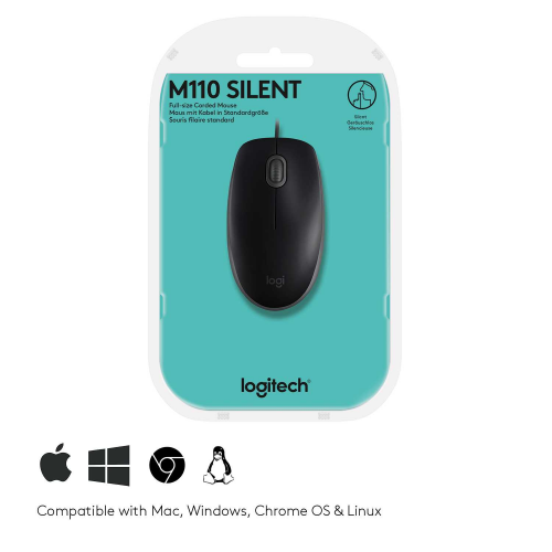 Мышь Logitech B110 Silent (B110s) Black (черная, бесшумная, оптическая, 3 кнопки, 1000dpi, USB, 1.8м) (M/N: M-U0051)