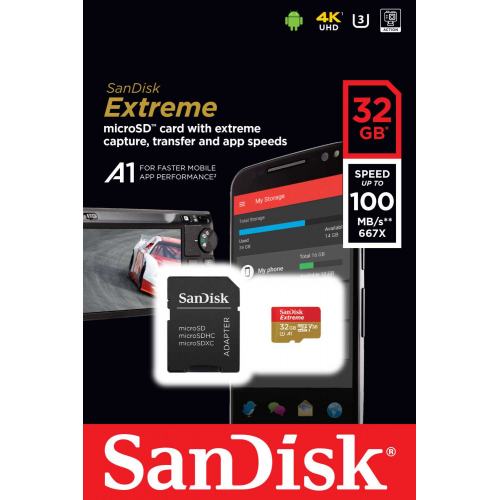 Карта памяти SanDisk Extreme microSDHC 32GB + SD Adapter + Rescue Pro Deluxe 100MB/s A1 C10 V30 UHS-I U3