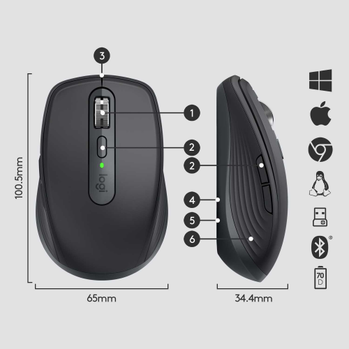 Мышь беспроводная Logitech MX ANYWHERE 3 - GRAPHITE - 2.4GHZ/BT - N/A - EMEA (M/N: MR0083 / C-U0008)